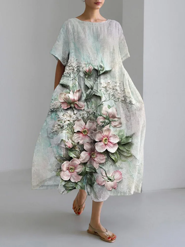 Embossed Floral Linen Maxi Dress