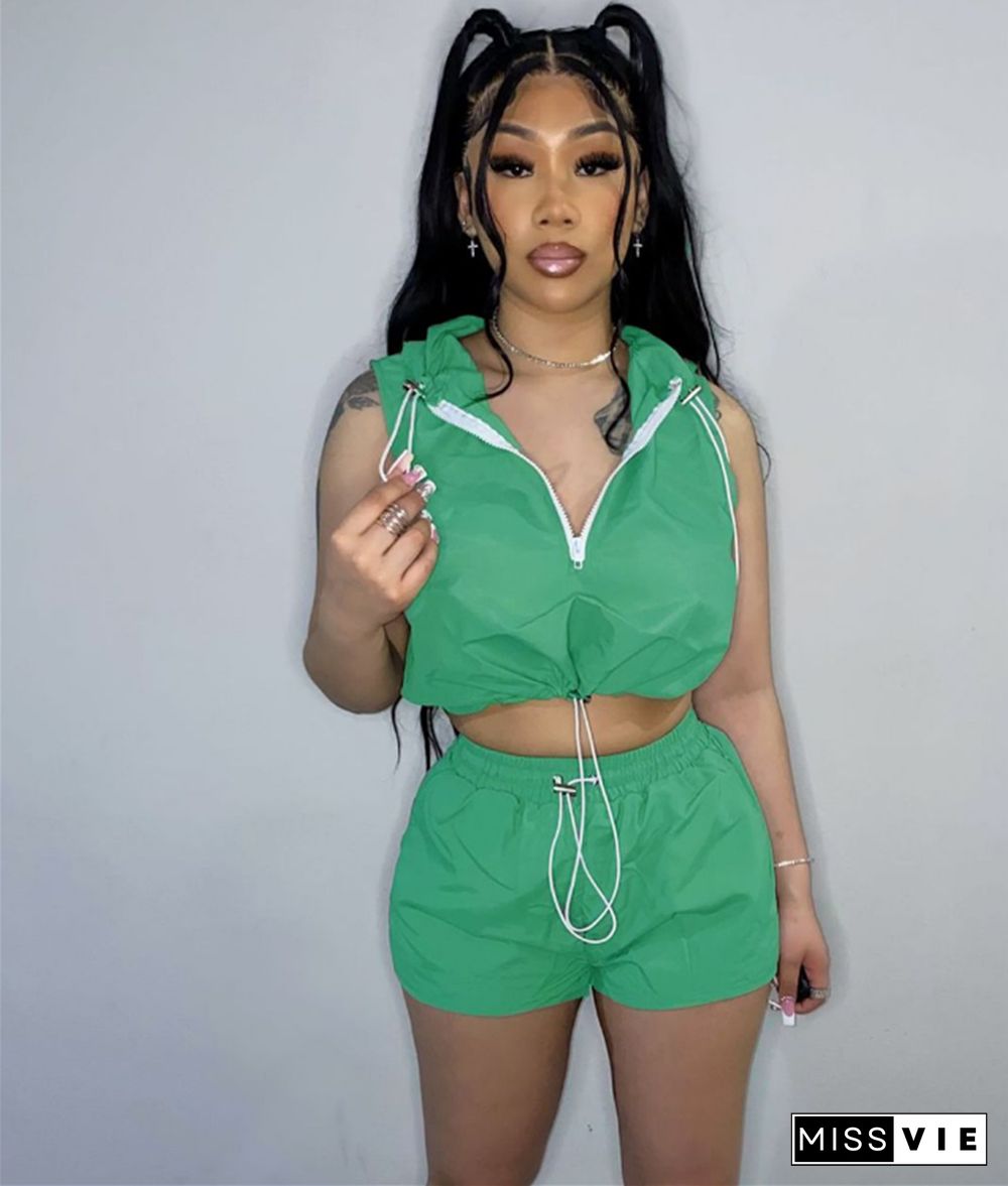 Sleeveless Hooded Pullover Crop Top+Shorts Tracksuit