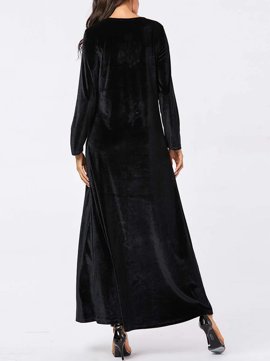 Casual velvet dress with plant embroidery