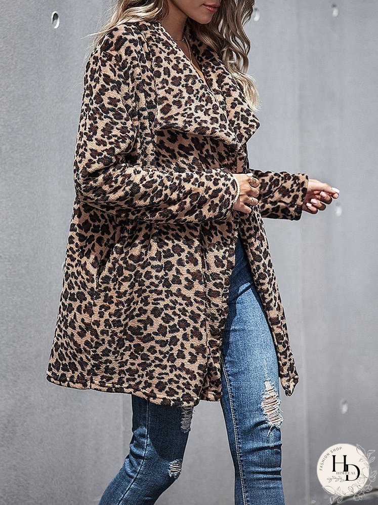 Coats Faux Fur Woolen Leopard Coat for Women