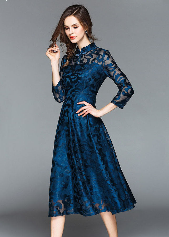 VCSHOES Blue Stand Collar Oriental Button Lace Long Dress Fall