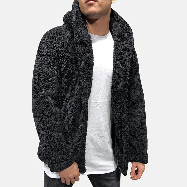 Daily Solid Hooded Button Pocket Long Sleeve Fuzzy Coat