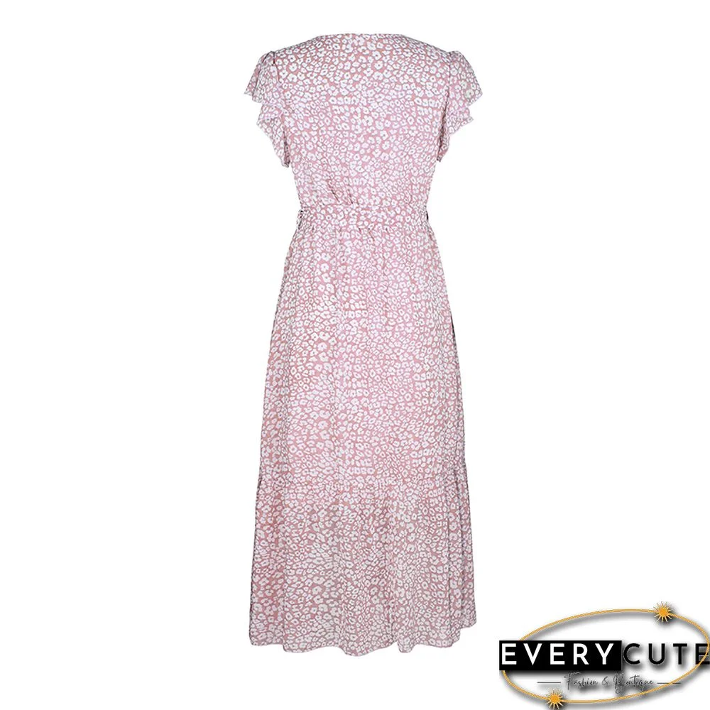 Pink V Neck Ruffle Detail Tie Waist Floral Dress