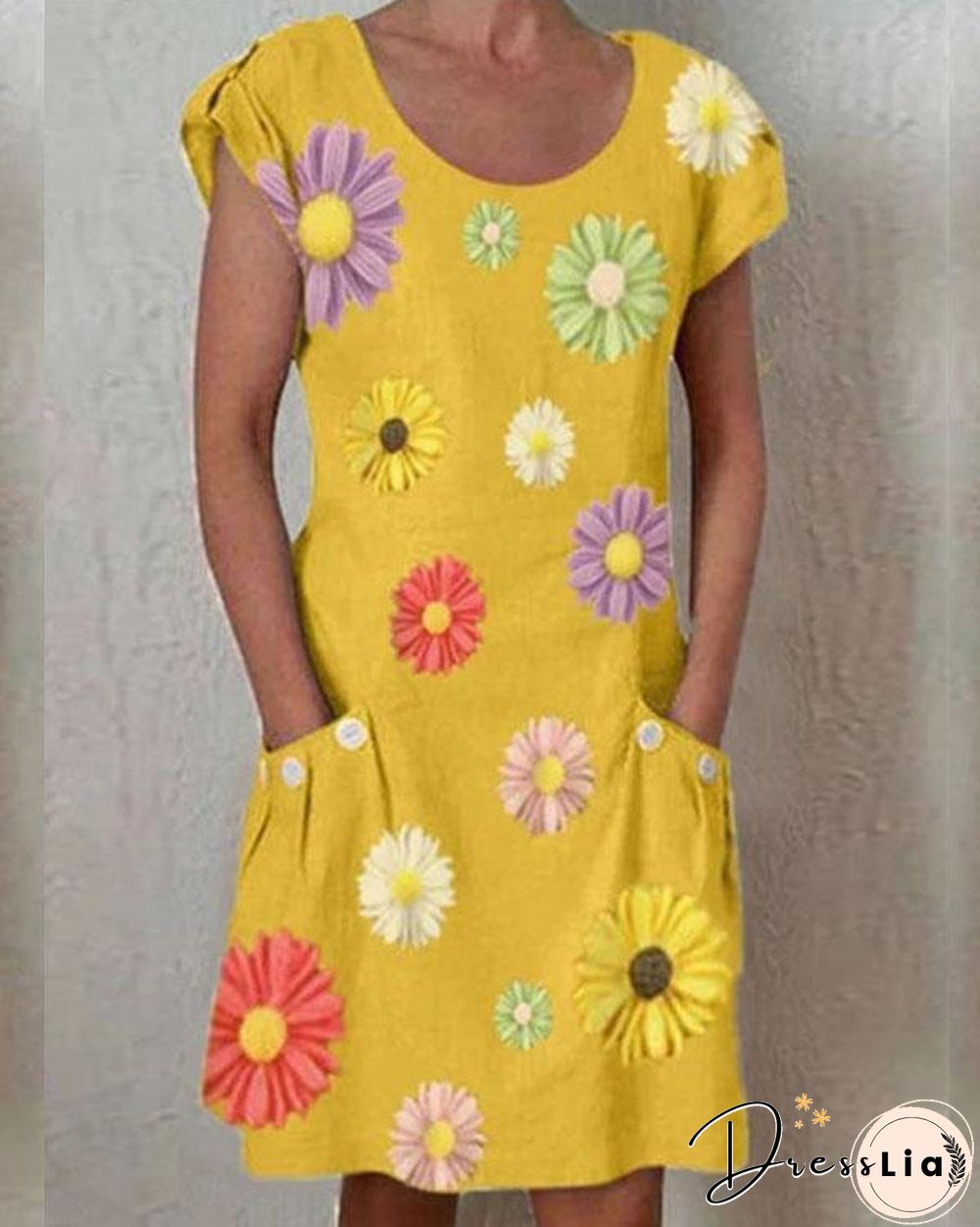 Yellow Short Sleeve Floral-Print Dresses