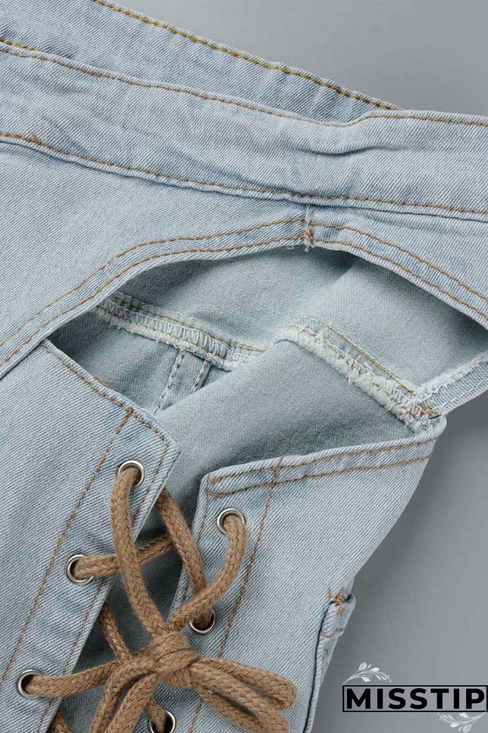 Light Blue Casual Solid Ripped Hollowed Out Frenulum Mid Waist Skinny Denim Jeans