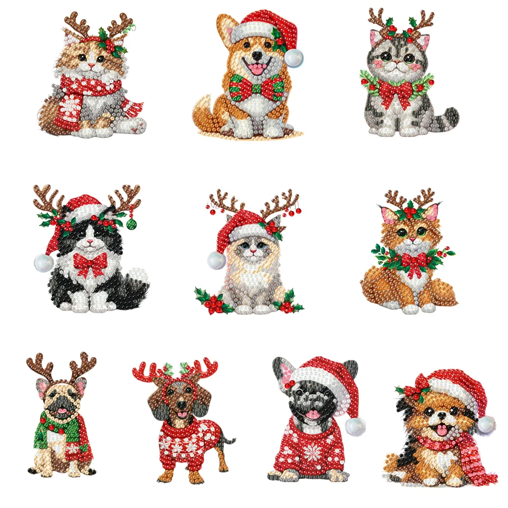 10Pcs Christmas Cats Dogs Diamond Painting Christmas Tree Pendant 