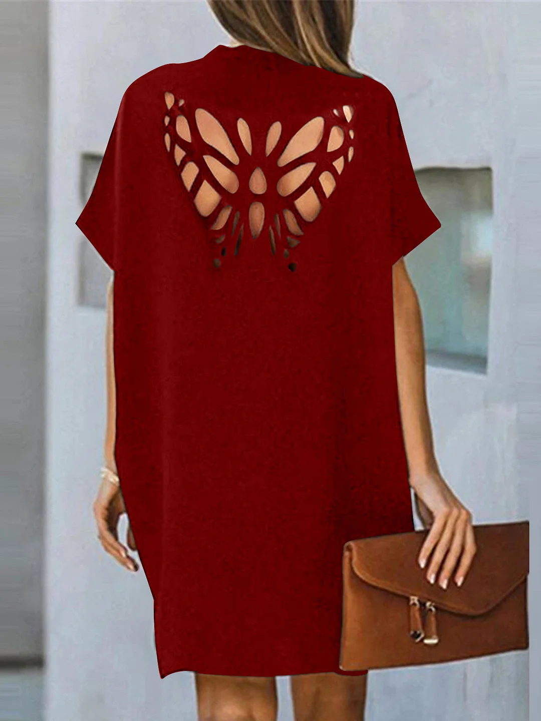 Women plus size clothing Women's Solid V-Neck Butterfly Hollow Half Sleeve Dress-Nordswear