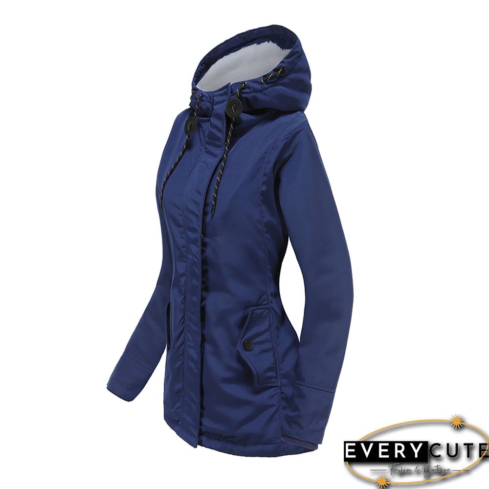 Navy Blue Plush Warm Hooded Parka Coat
