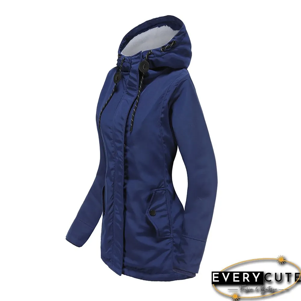 Navy Blue Plush Warm Hooded Parka Coat