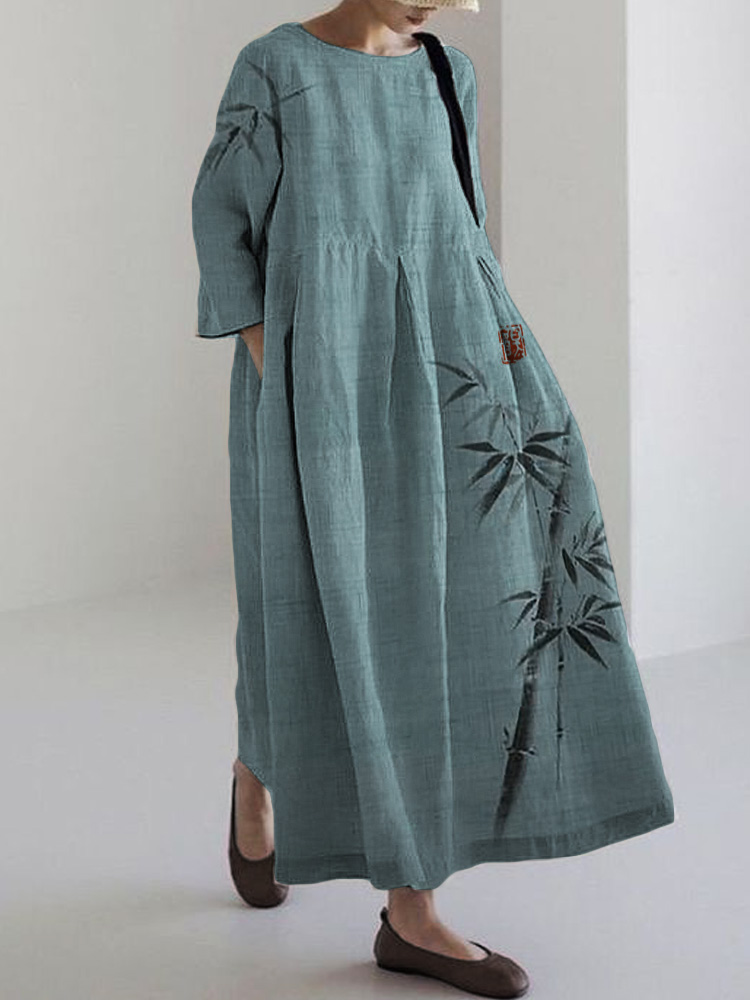 Comstylish Classy Bamboo Japanese Art Linen Blend Maxi Dress