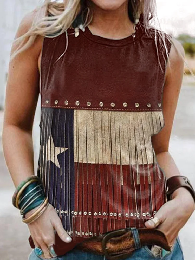 Vintage Texas Flag Leather Fringe Casual Tank Top