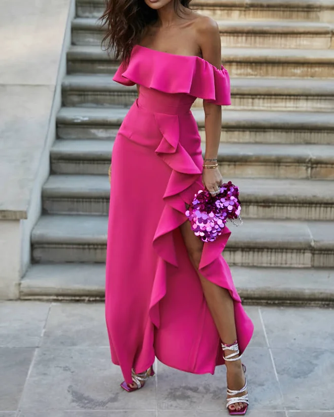 One Shoulder Ruffle Solid Color Slit Dress