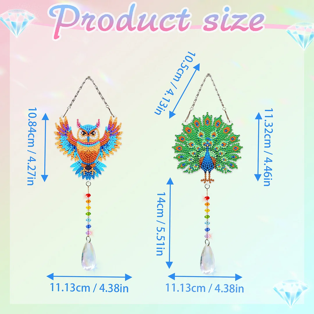 2Pcs Owl Peacock DIY Double-Sided Diamond Painting Hanging Kits Diamond Painting Suncatcher Craft Kit for Home Garden Wall Decor Gift