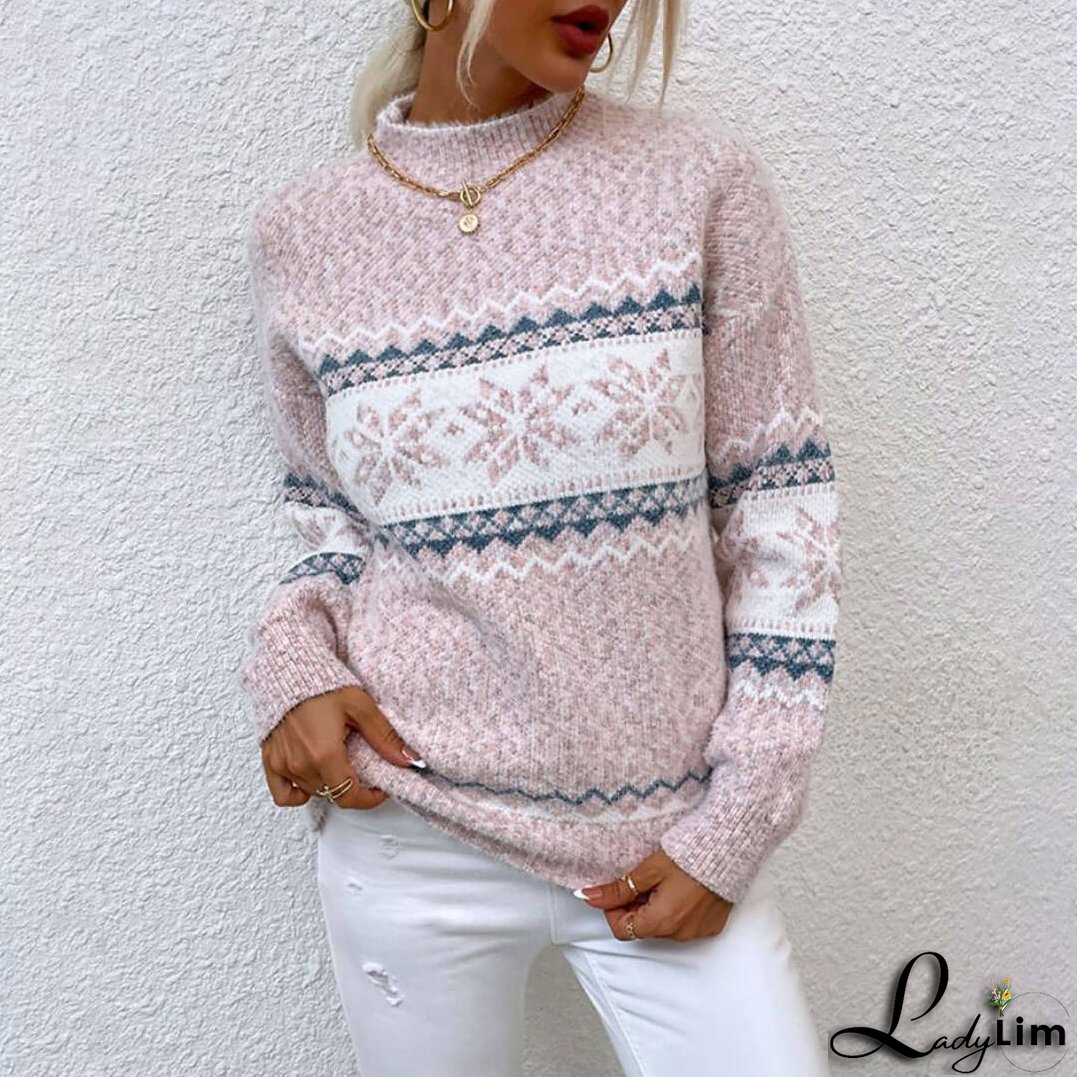 Nordic Fair Isle Mock Neck Chenille Marled Knit Snowflake Pullover Sweater - Pink