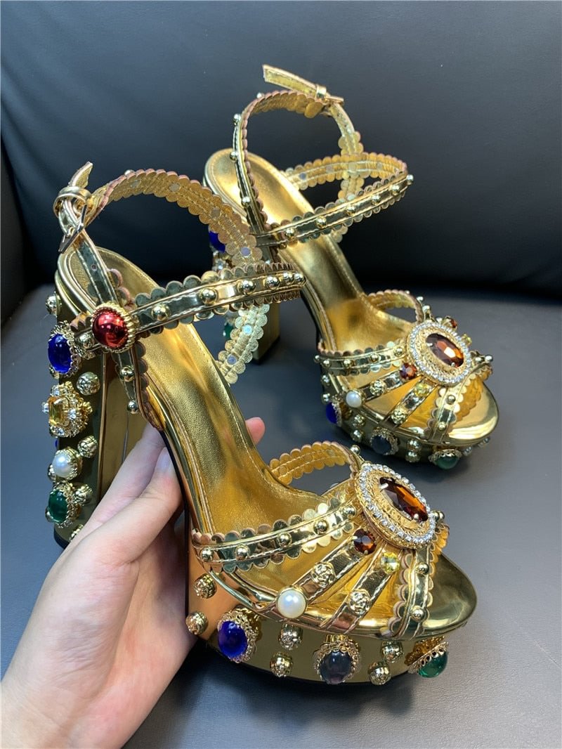 Women Chunky High Heels Shoes Platform Sandals For Women Rhinestone Metallic Gold Leather Shoes Woman Peep Toe Wedding Shoes