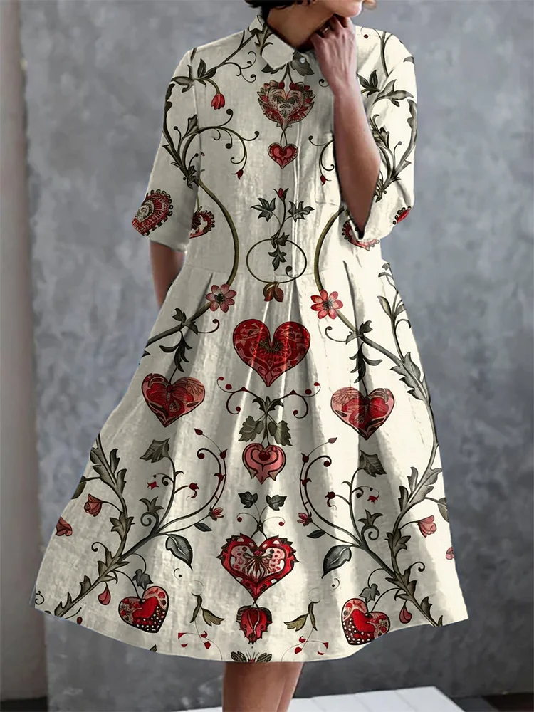 Vintage Heart Floral Print Pocket Half Sleeve Dress