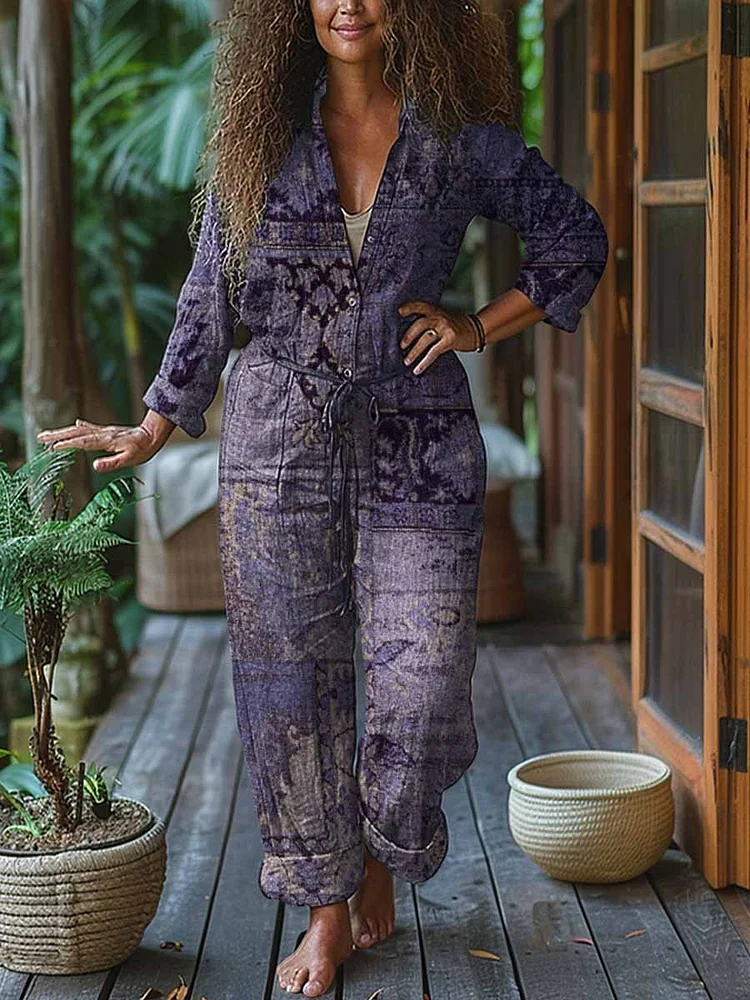 Women's Ethnic Pattern Print Casual Cotton Wide Leg Jumpsuit