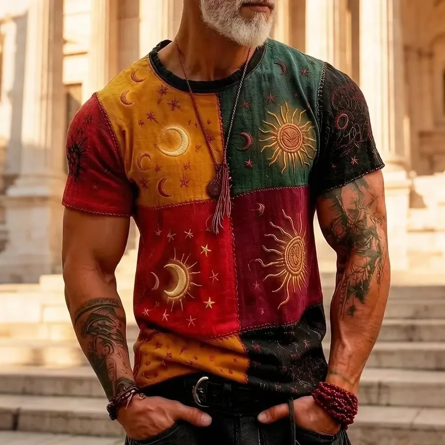 Men's Hippie Style Star Moon Print Embroidered Short Sleeve T-shirt elevenforest