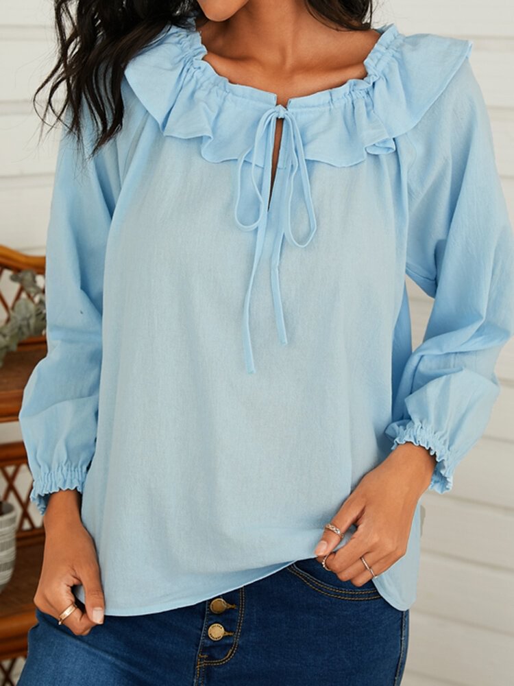 Fall Solid Color Ruffled Knotted Blouse For Women P1765777