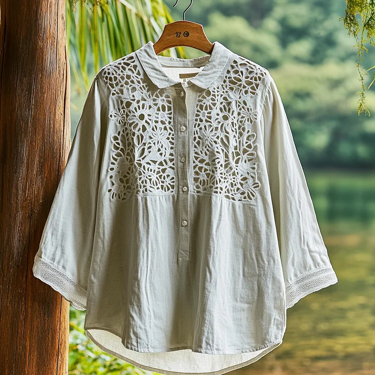 Women's Lace Cut-out Floral Design Lapel Linen Shirt