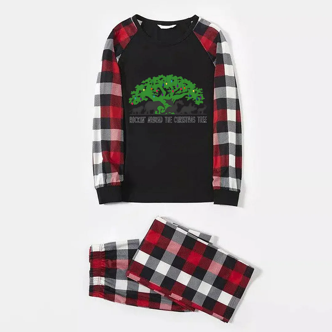 Family Christmas Shirts Christmas Tree Animal Kingdom Animal Kingdom Patterned and 'ROCKIN AROUND THE CHRISTMAS TREE' Letter Print Contrast Tops and Red & Black & White Plaid Pants Family Matching Pajamas Set With Dog Bandana