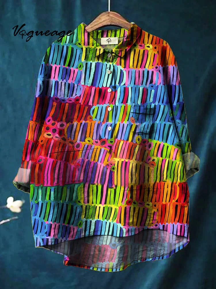 Color Line Vertical Stitching Printed Cotton And Linen Shirt