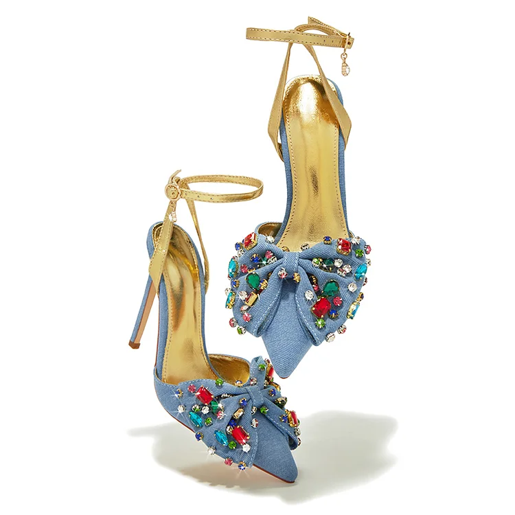 Blue Pointy Stiletto Heels Women'S Multicolor Rhinestones Pump Wedding Bow Shoes |FSJ Shoes