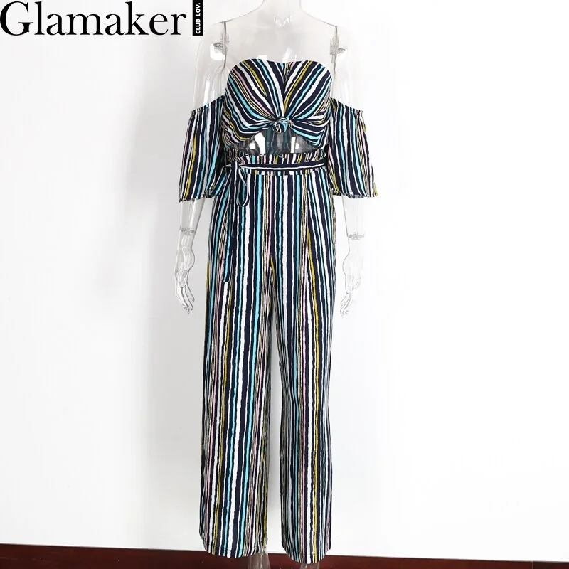 Glamaker spring off shoulder two piece striped wide leg pants Sexy party  backless jumpsuit romper bow summer elegant jumpsuit