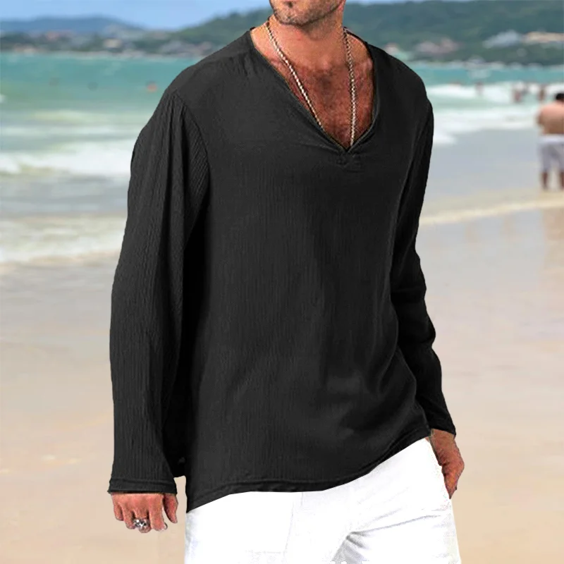 Men's Linen V-Neck Casual Loose Breathable Top Shirt-inspireuse