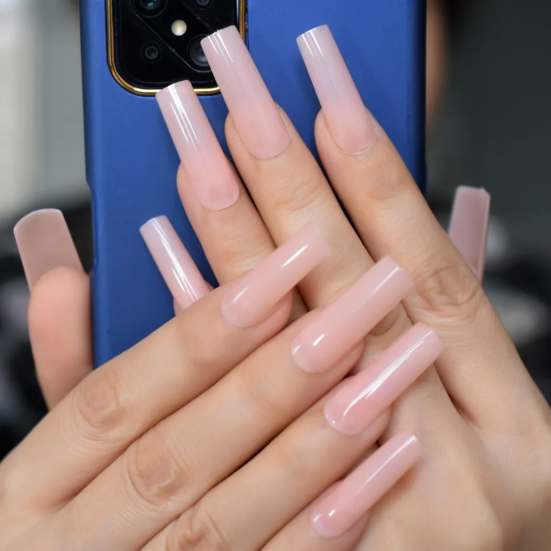 Glossy Pink Nude Fake Nails Extremely Long Square Acrylic Press On Nails Full Cover Gel Nail Art Tools-Nail Inspo