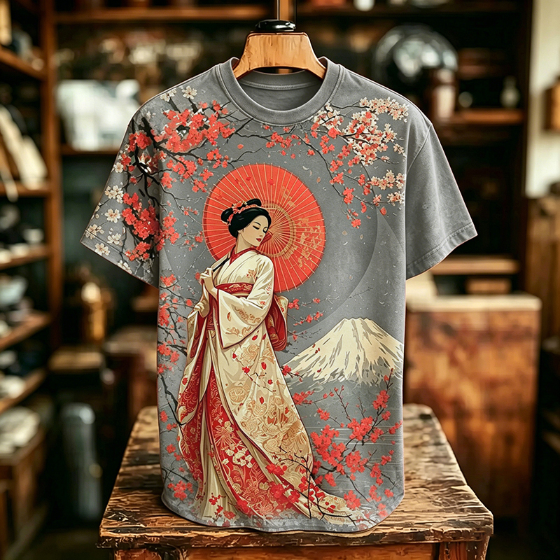Comstylish Men's Retro Japanese Geisha Cherry Blossom And Mount Fuji Pattern Crew Neck T-shirt