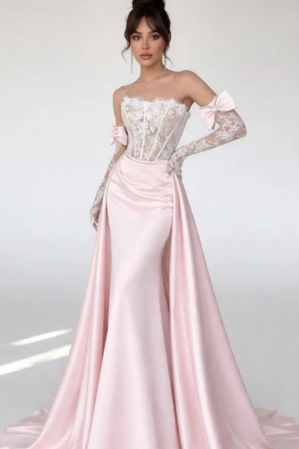 Lussooy Elegant Lace Satin Strapless Bow Sleeveless Train Prom Dress with Gloves 