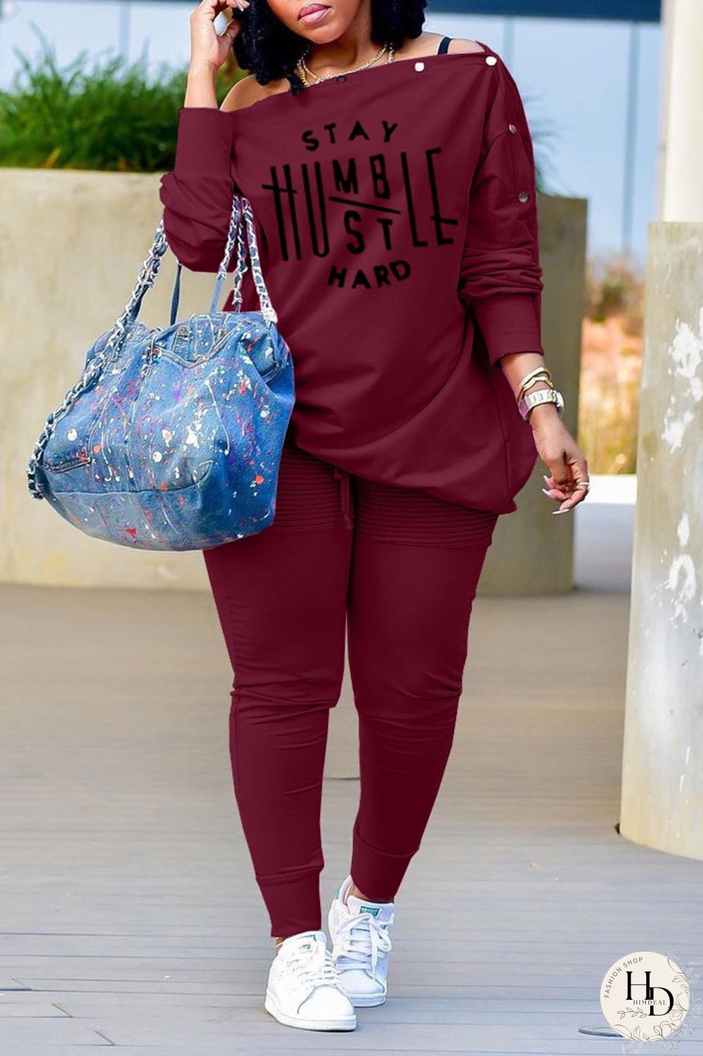 Black Casual Print Patchwork Buckle Off the Shoulder Plus Size Two Pieces