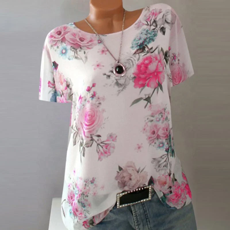 Gentillove Chiffon Blouses Summer Floral Print Women Half Sleeve Beach Shirt Office Work Shirts Female Tops Oversized T-shirts