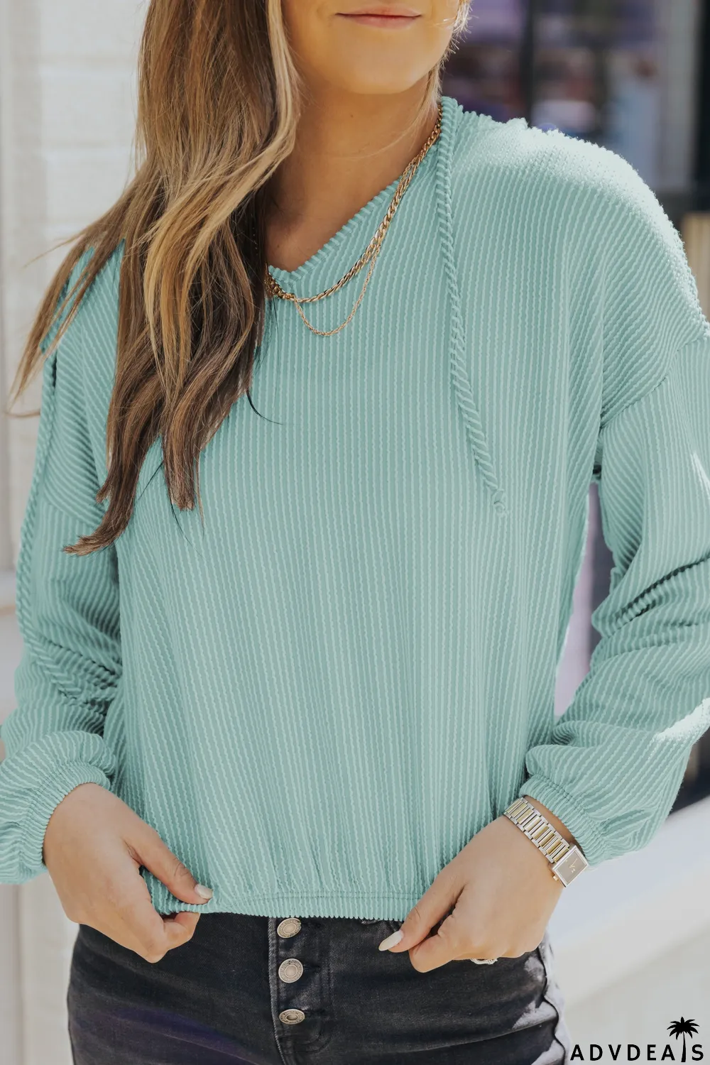 Green Loose Fit Ribbed V Neck Hoodie