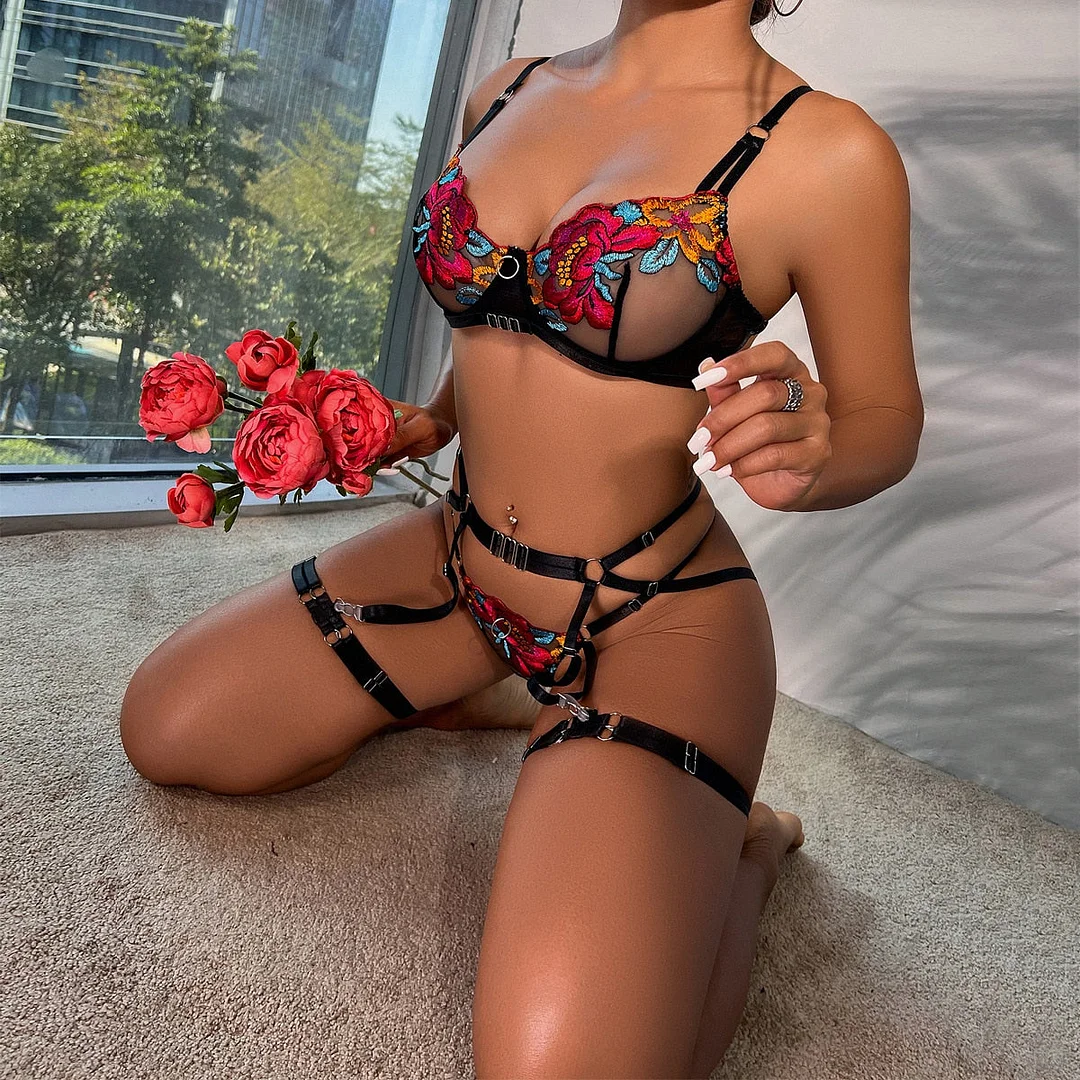 MIRABELLE Lingerie Set Fancy Women's Underwear 3-Piece Bra Lace Transparent Exotic Sets Push Up Garters Thongs Sexy Intimates