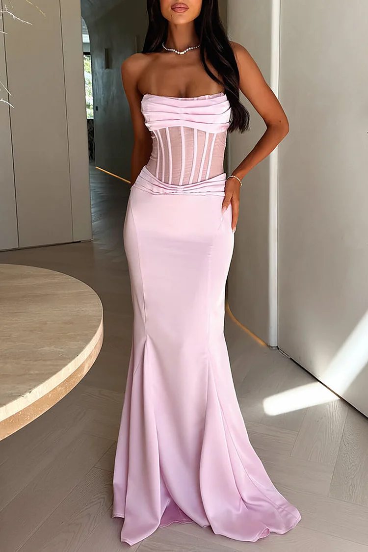 Pleated Corset Design Fishtail Gowns Strapless Maxi Dresses-Pink [Pre Order]