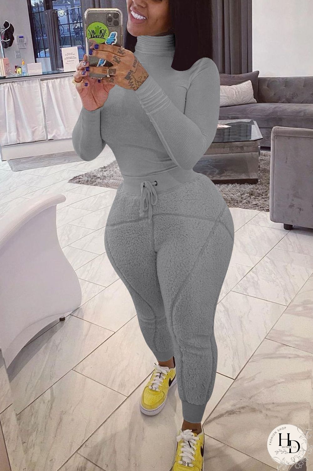 White Street Solid Turtleneck Long Sleeve Two Pieces