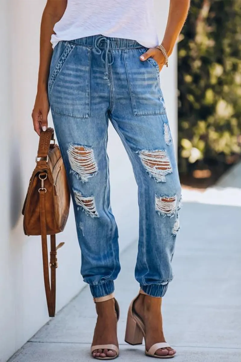Denim Hole Drawstring Waist Pants