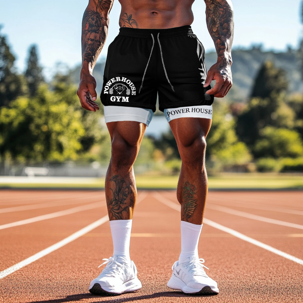 Vintage Gym Power Logo Double Layer Drawstring Gym Shorts