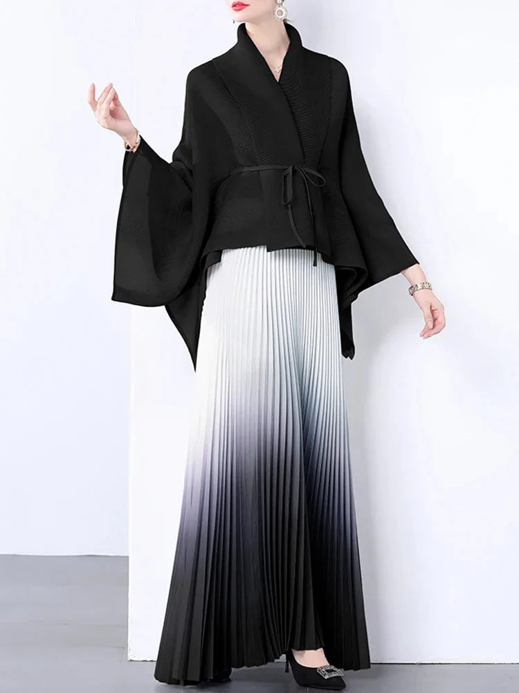 Urban Black V-neck Batwing Sleeve Lace-up Cardigan And Gradient Pleated Skirt Set