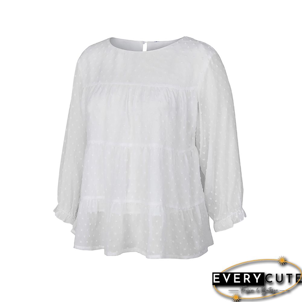 White Swiss Dot Chiffon Long Sleeve Tops