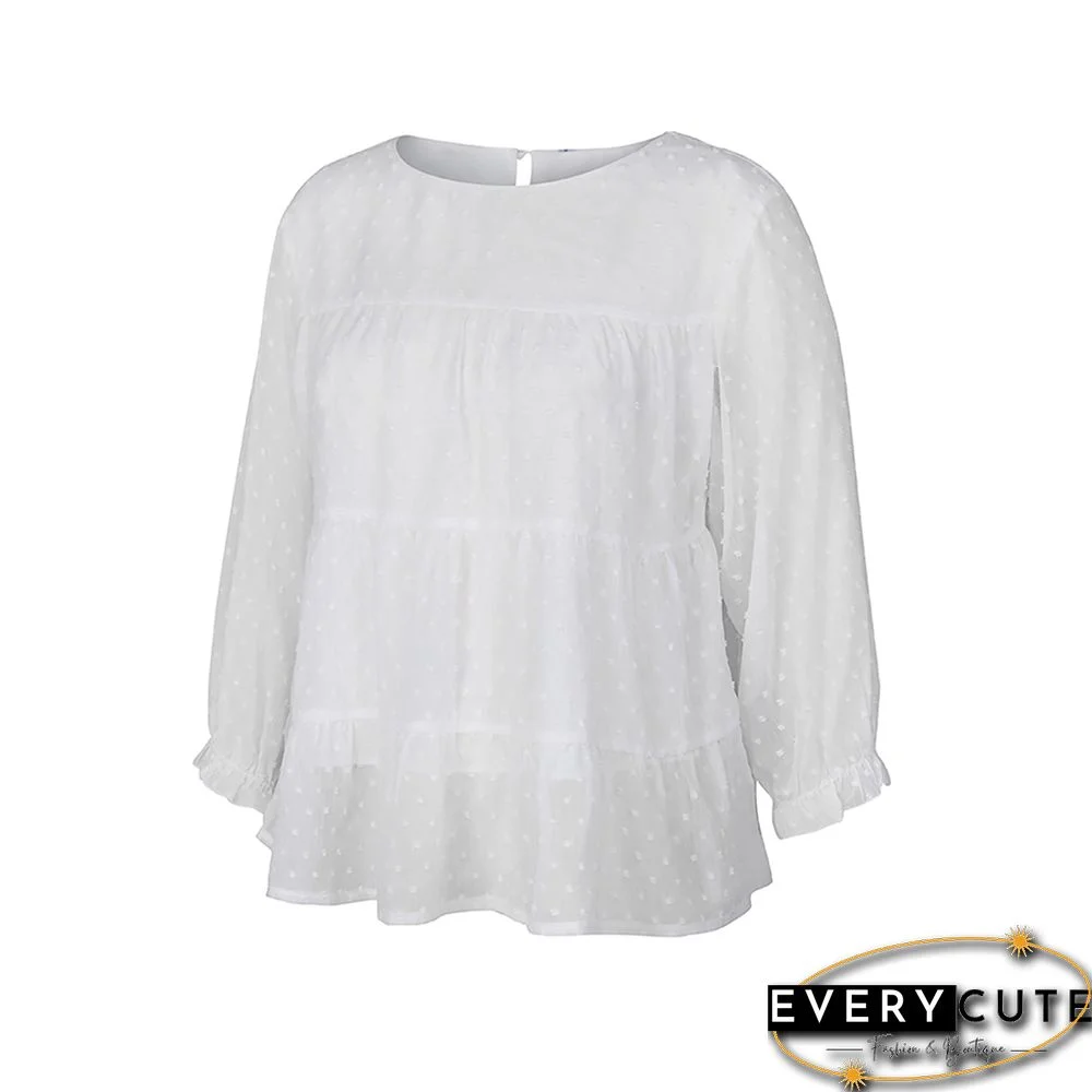 White Swiss Dot Chiffon Long Sleeve Tops
