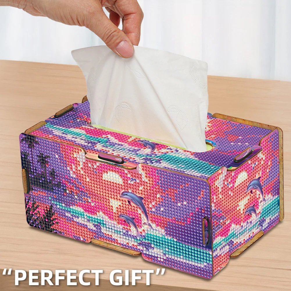 Diamond Painting Tissue Box Kits Rhinestone Craft Kit (Pink Sunset Dolphin)