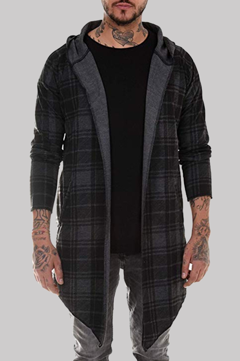 Dark Gray Fashion Casual Plaid Split Joint Hooded Collar Outerwear