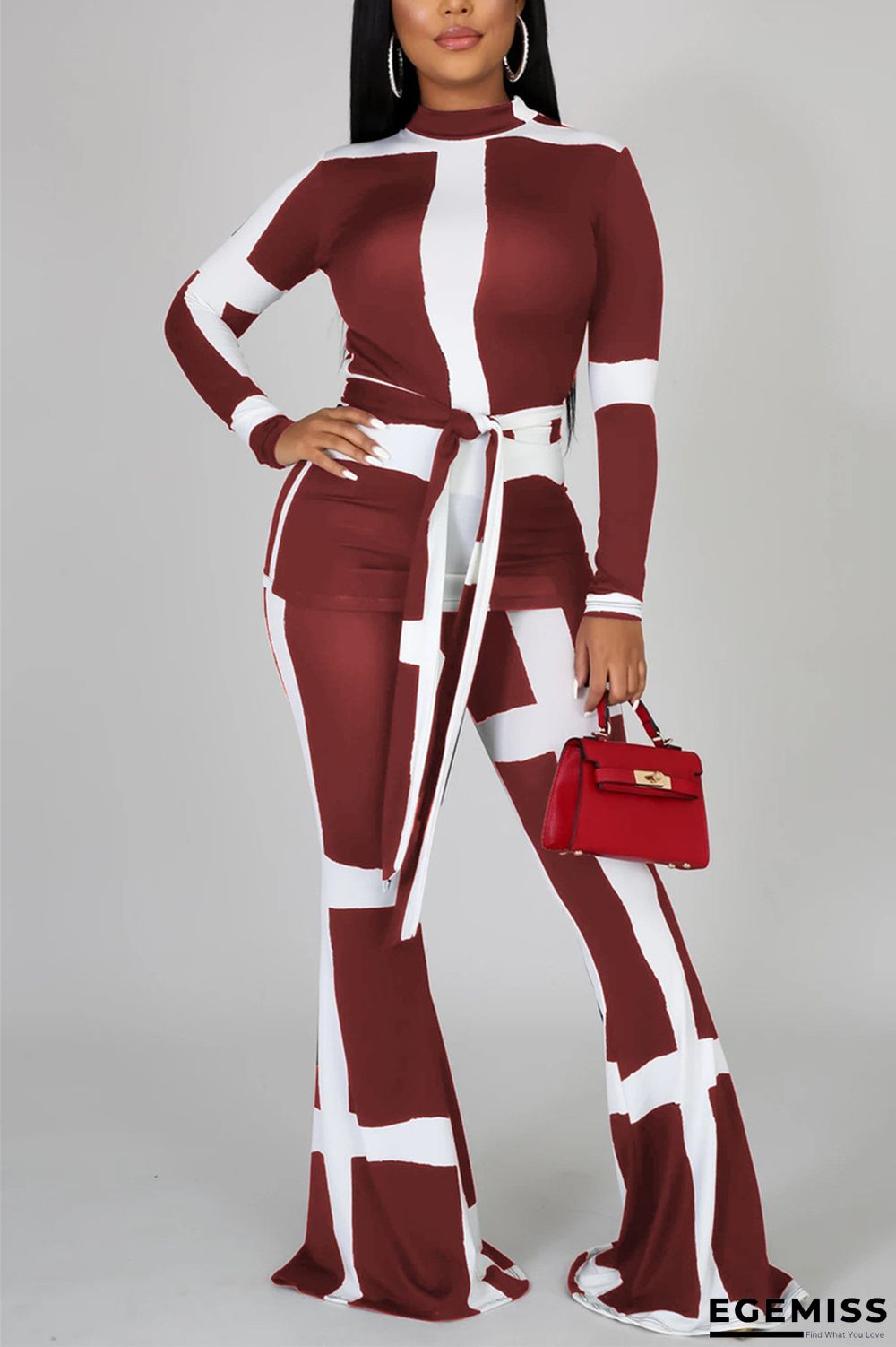 Wine Red Fashion Casual Long Sleeve Turtleneck Regular Sleeve Regular Print Two Pieces | EGEMISS