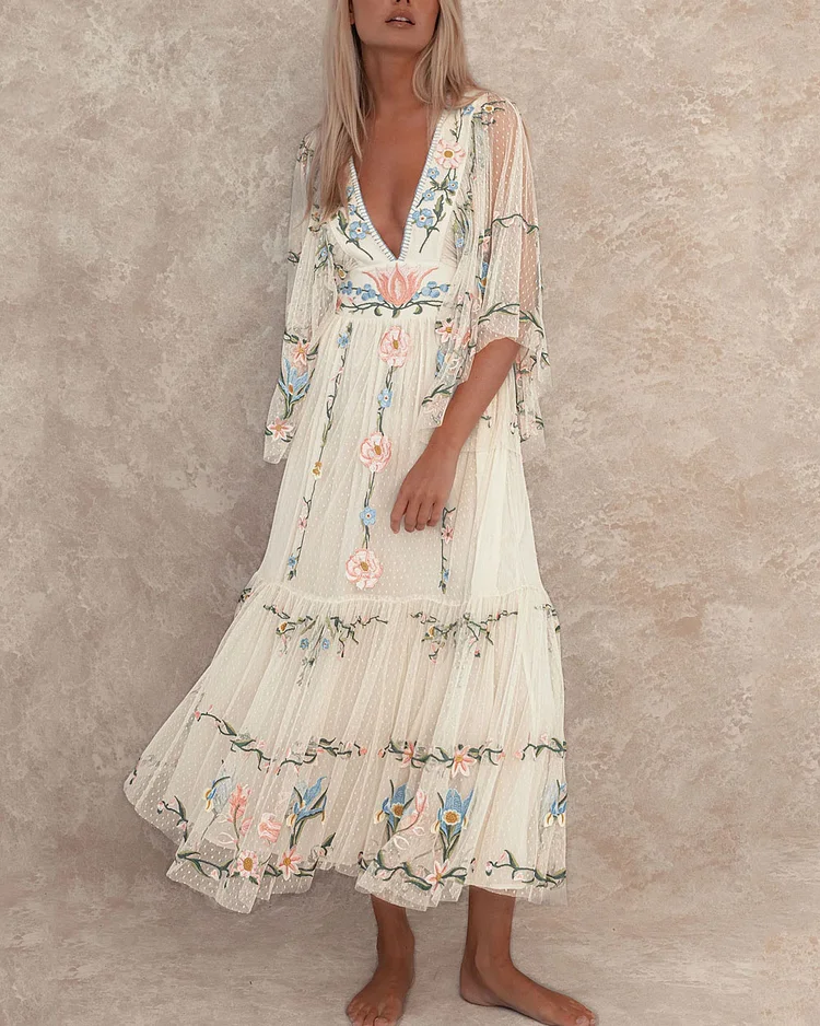 Floral Hand Embroidery Kimono Sleeves & Our Deep V-neck Ruffle Dress
