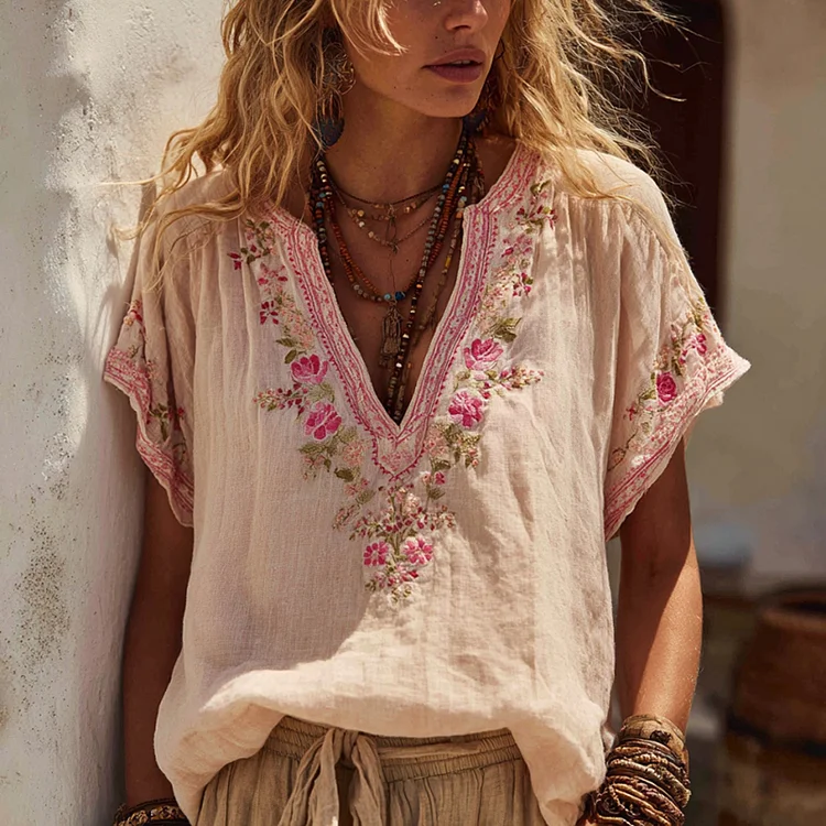 Utbros Women's Floral Embroidery Art V Neck Linen Blend Shirt