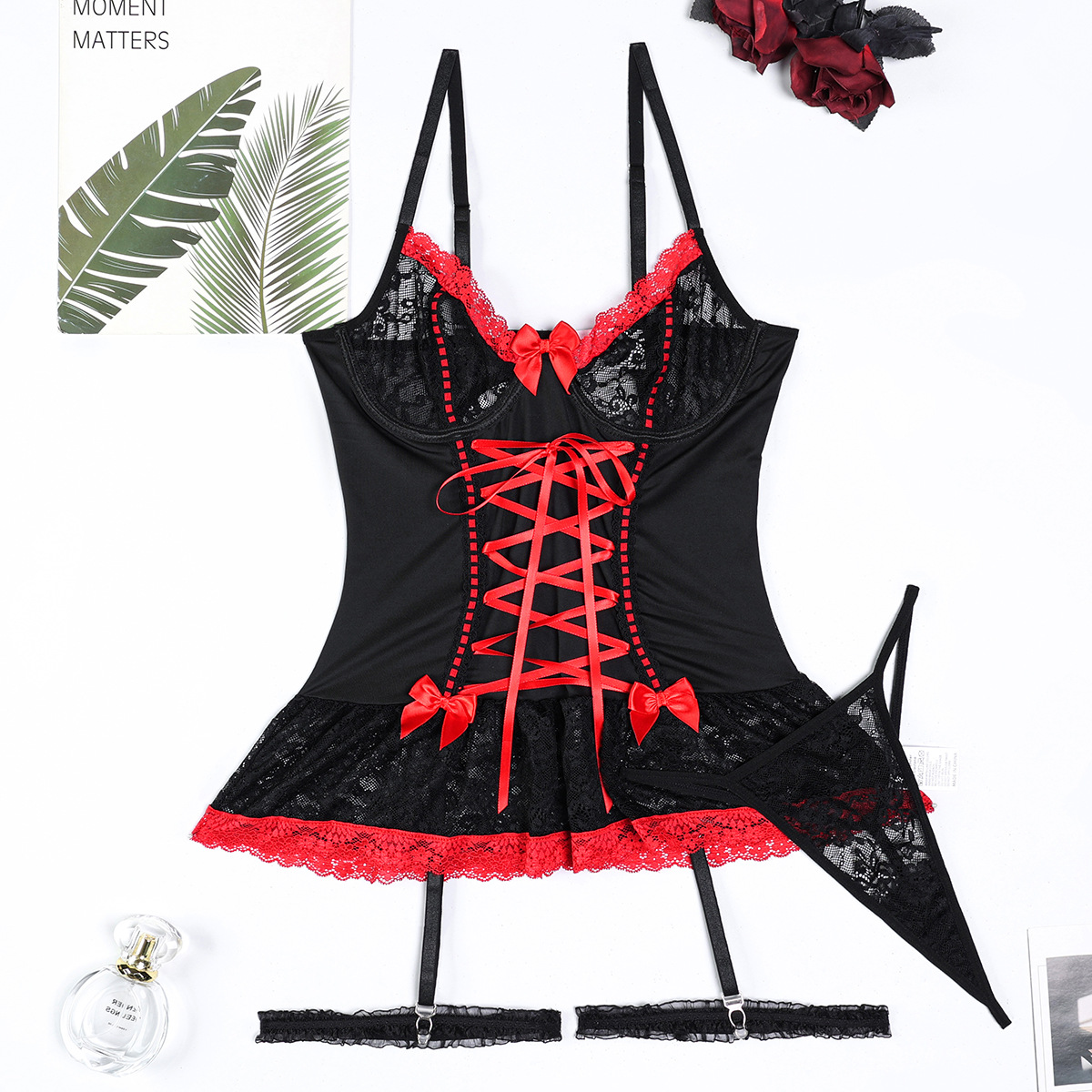 Lovingerie - Sexy Lingerie Pure Lace Cross Straps Bow Black And White Set