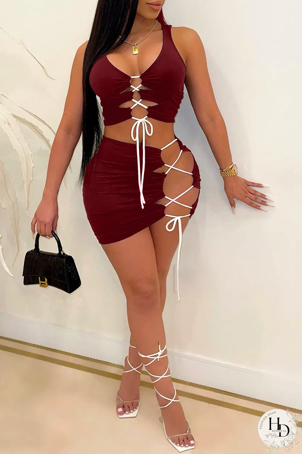 Burgundy Sexy Solid Draw String U Neck Sleeveless Two Pieces